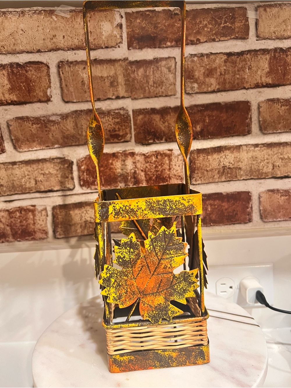 Rustic Yellow Orange Metal Leaf Wine Holder - Home Accents